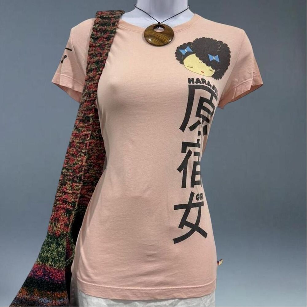 Harajuku Lovers Pink Anime Girl T Shirt Size Medium Kawaii Rainbow Graphic Y2K